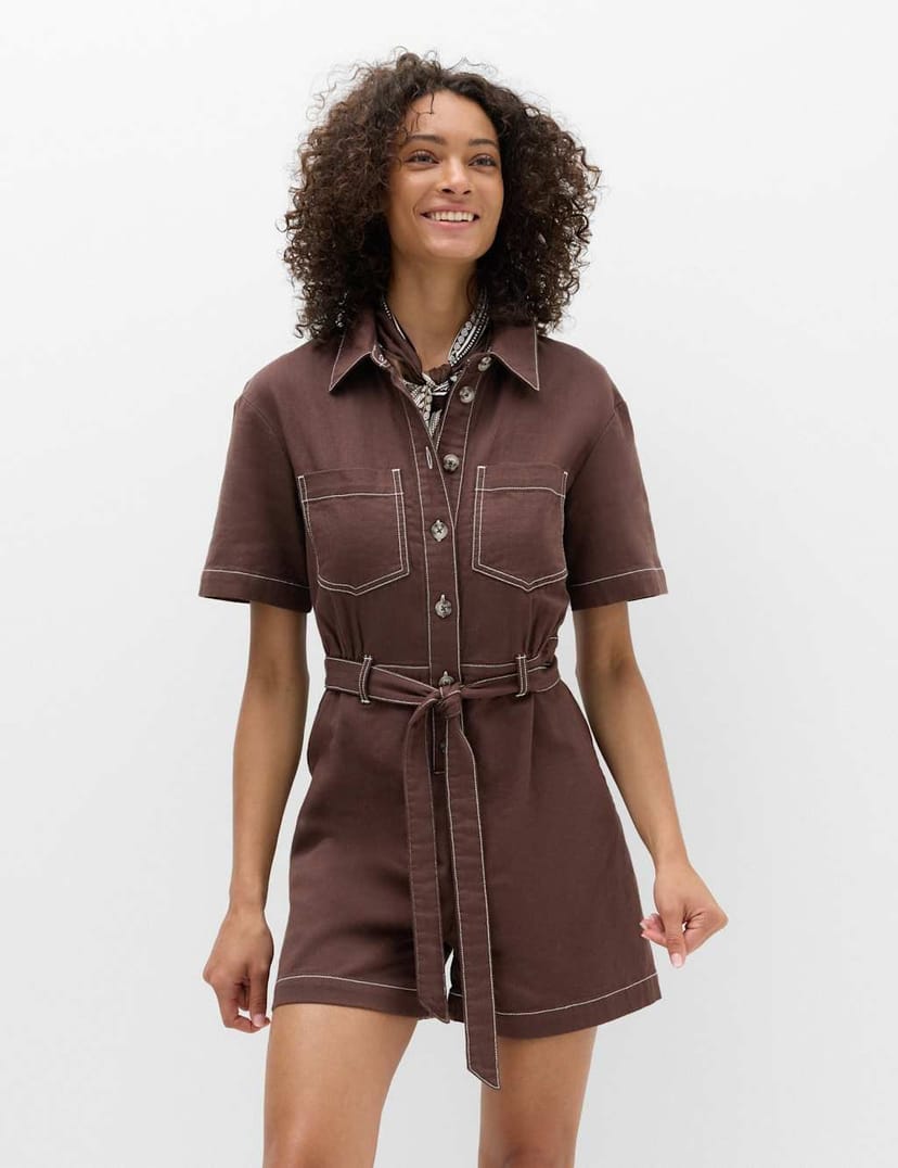 Marks & Spencer M&S Pure Cotton Button Front Playsuit Brown - 1