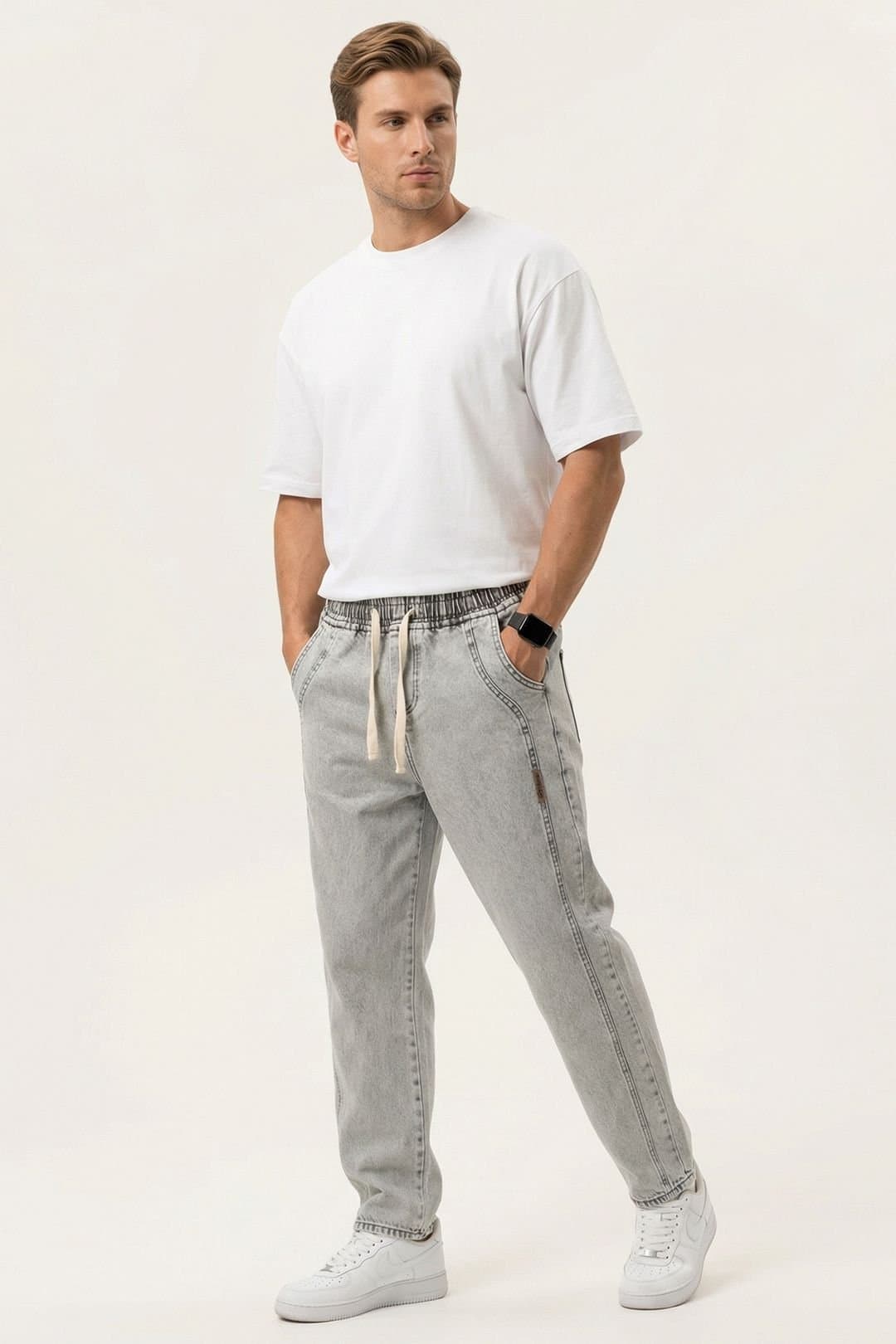 Big Dart Big Dart Men's Light Grey Denim Pants with Drawstring Waist