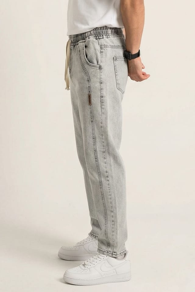 Big Dart Big Dart Men's Relaxed Fit Denim Pants with Drawstring Waist in Light Grey - 2