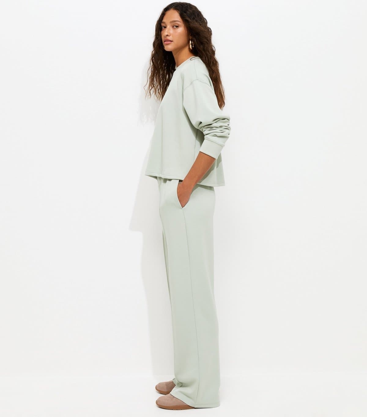 New Look Women's Premium Light Green Elasticated Waist Wide Leg Joggers New Look
