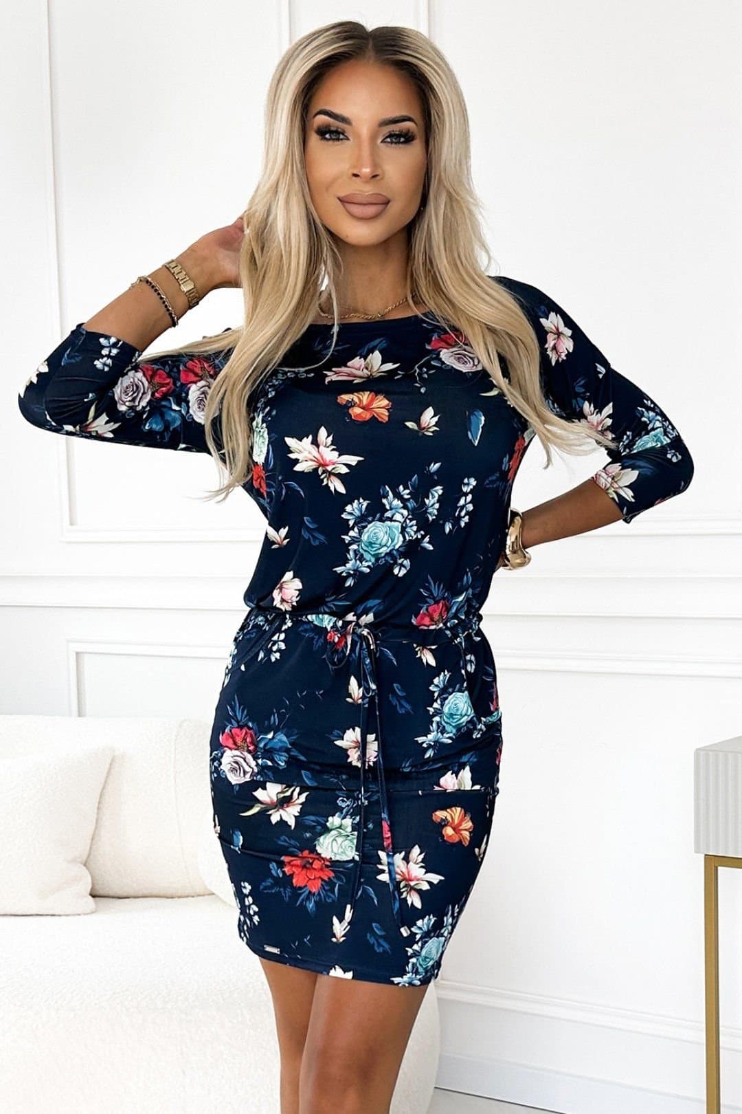 Love Lace Love Lace Women's Floral Dress 3/4 Sleeve Pockets in Navy