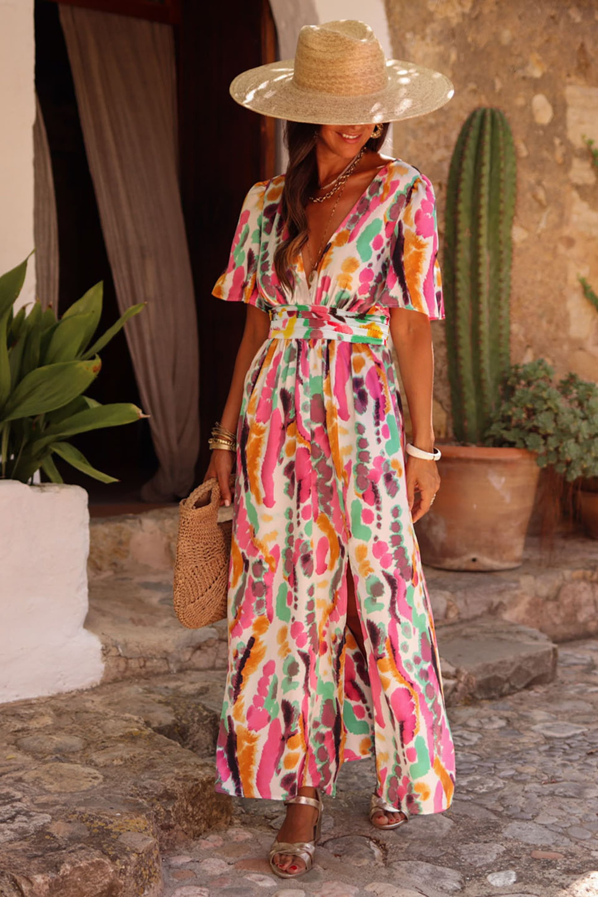 Everyday The Label Everyday The Label Women's Pink Boho Tie-dye Print V Neck Maxi Dress