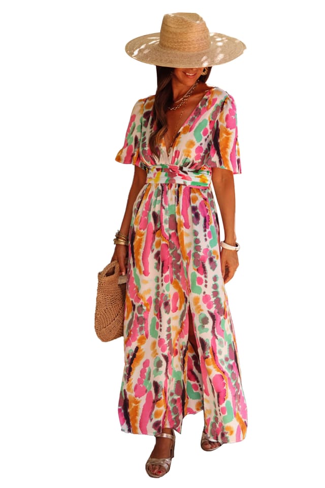 Everyday The Label Everyday The Label Women's Pink Boho Tie-dye Print V Neck Maxi Dress - 3