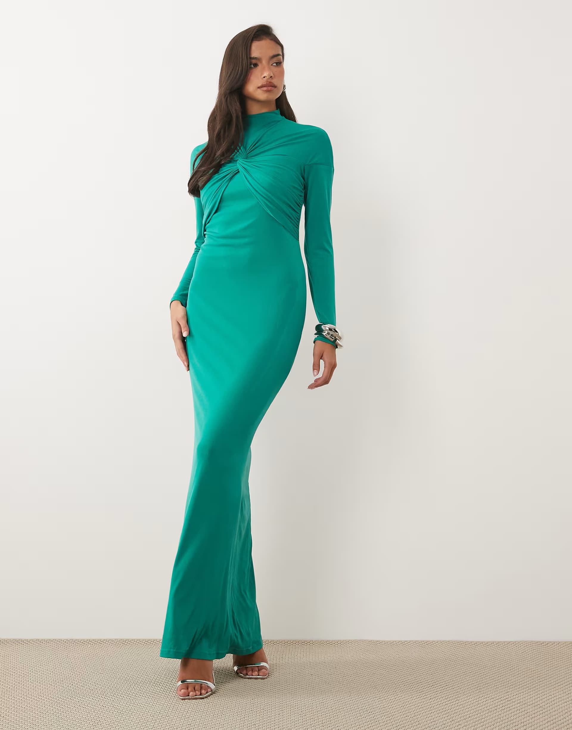 ASOS TFNC slinky high neck bust detail maxi dress in bright green