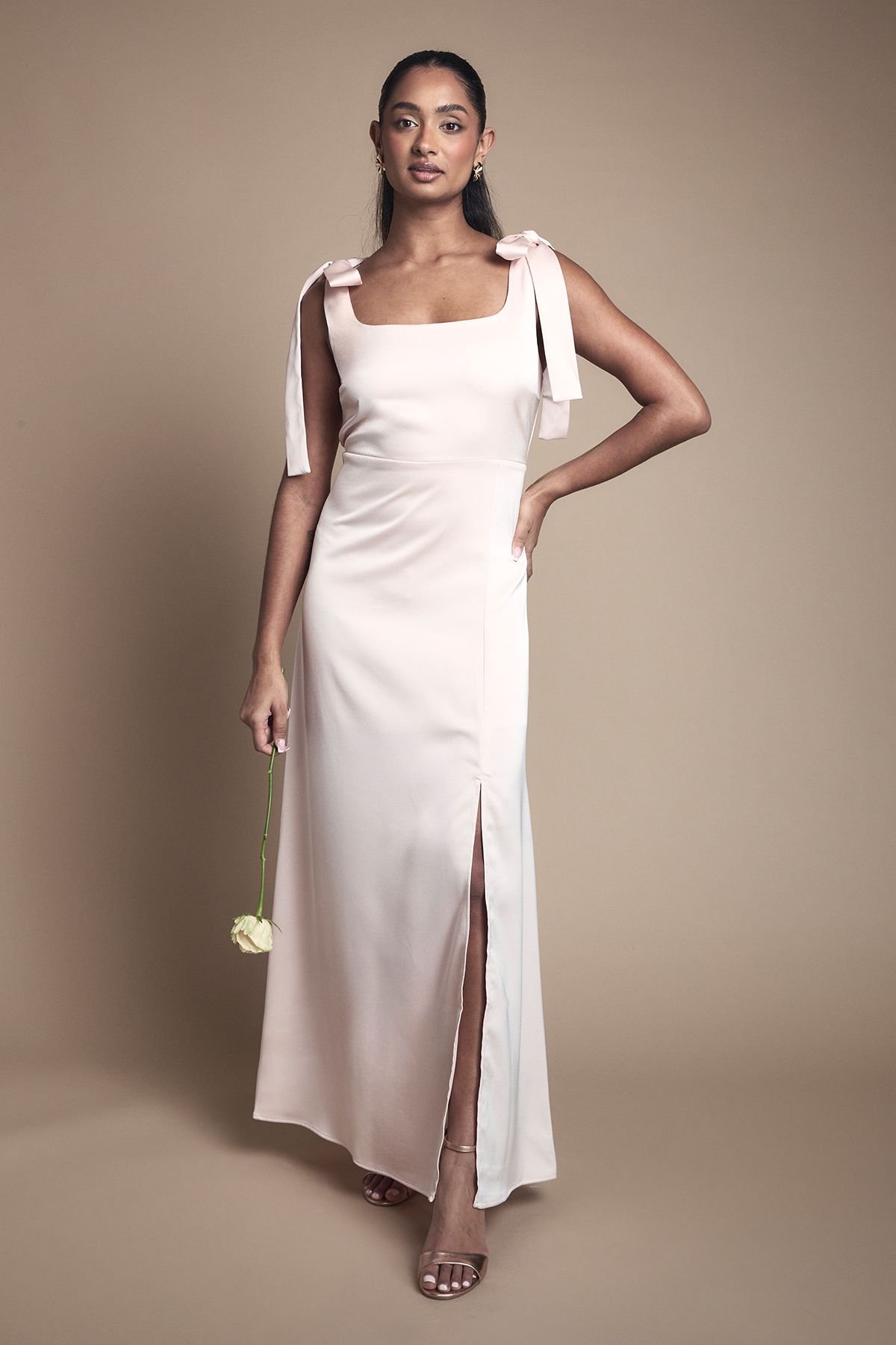 Oasis Oasis Women's Satin Tie Shoulder Midi Bridesmaid Dress in Blush - 2