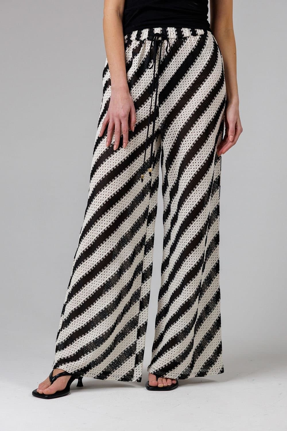 French Connection French Connection Women's Cotton Blend Stripe Crochet Elasticated Drawstring Wide Leg Trousers in Black