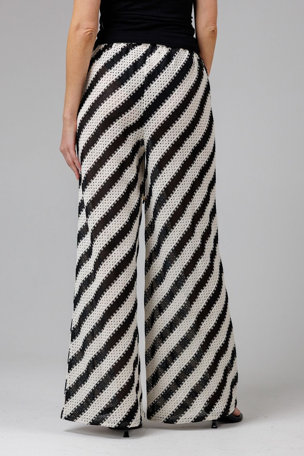 French Connection French Connection Women's Cotton Blend Stripe Crochet Elasticated Drawstring Wide Leg Trousers in Black - 2