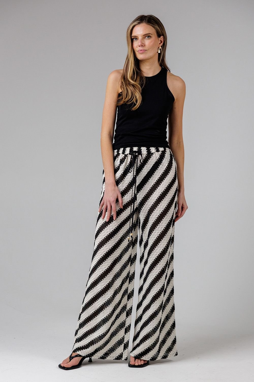 French Connection French Connection Women's Cotton Blend Stripe Crochet Elasticated Drawstring Wide Leg Trousers in Black - 3