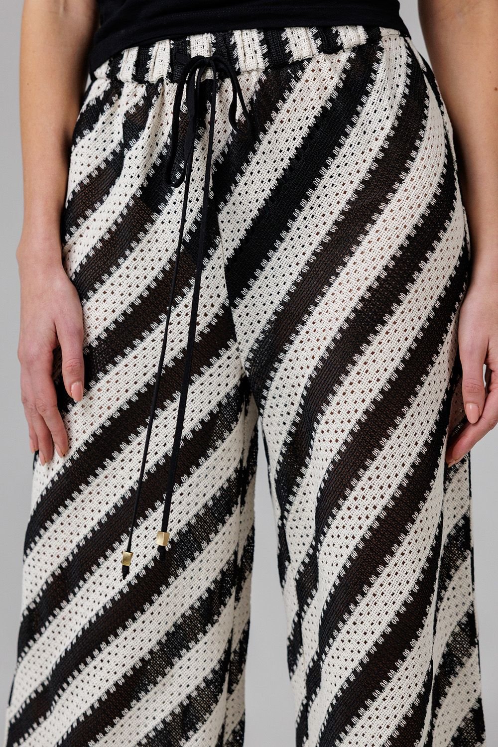 French Connection French Connection Women's Cotton Blend Stripe Crochet Elasticated Drawstring Wide Leg Trousers in Black - 4