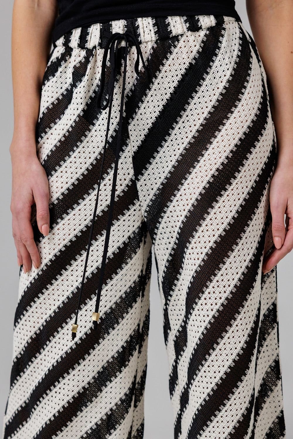 French Connection French Connection Women's Cotton Blend Stripe Crochet Elasticated Drawstring Wide Leg Trousers in Black - 4