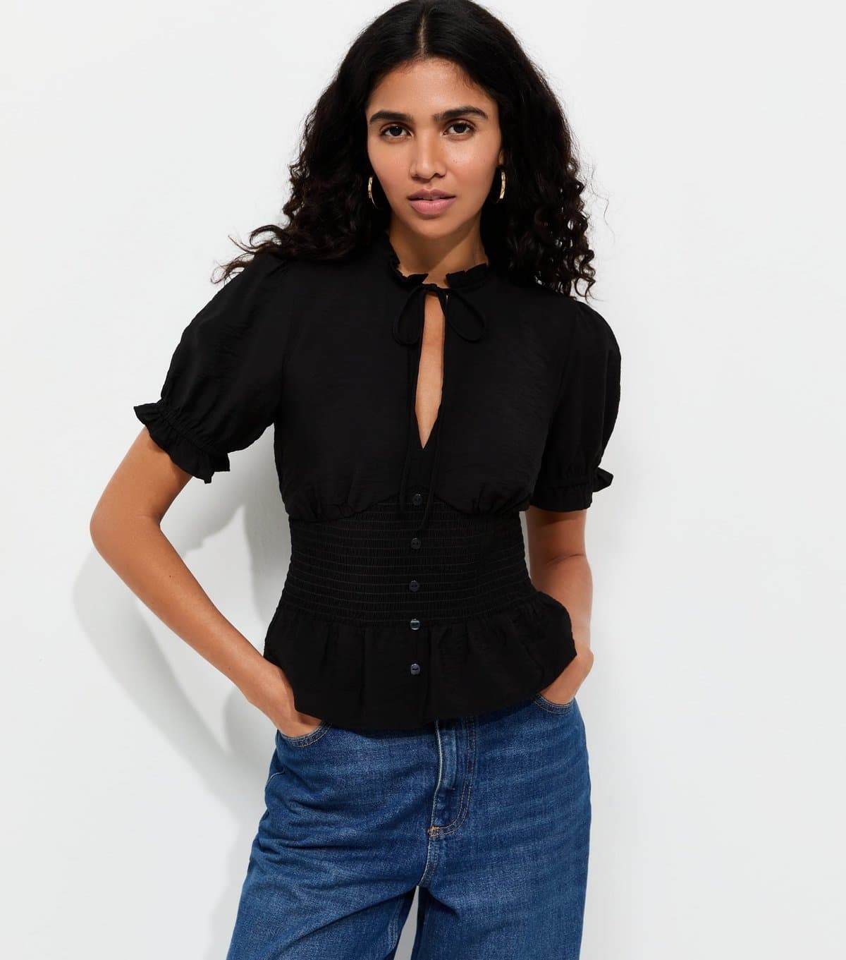 New Look Women's Black Ruched Puff Sleeve Shirt New Look