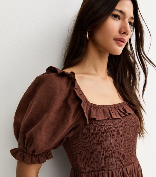 New Look Women's Dark Brown Short Sleeve Shirred Frill Midi Dress New Look - 2