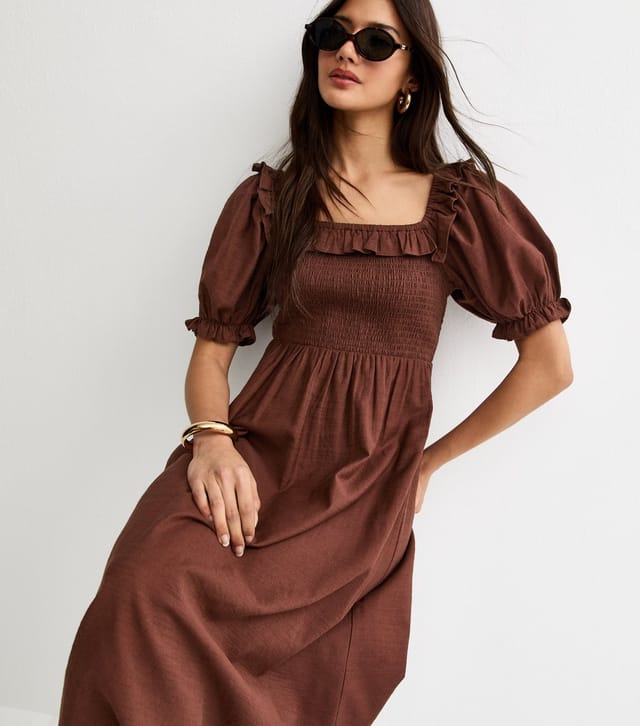 New Look Women's Dark Brown Short Sleeve Shirred Frill Midi Dress New Look - 3