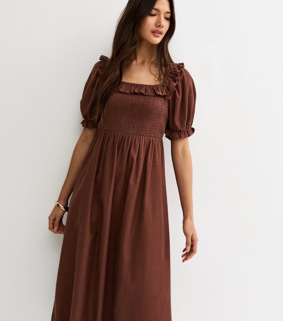 New Look Women's Dark Brown Short Sleeve Shirred Frill Midi Dress New Look - 4