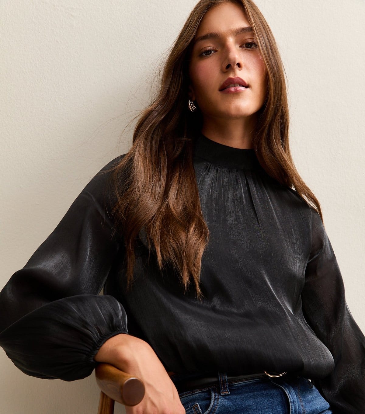 New Look Black Shimmer Lightweight Crop Blouse