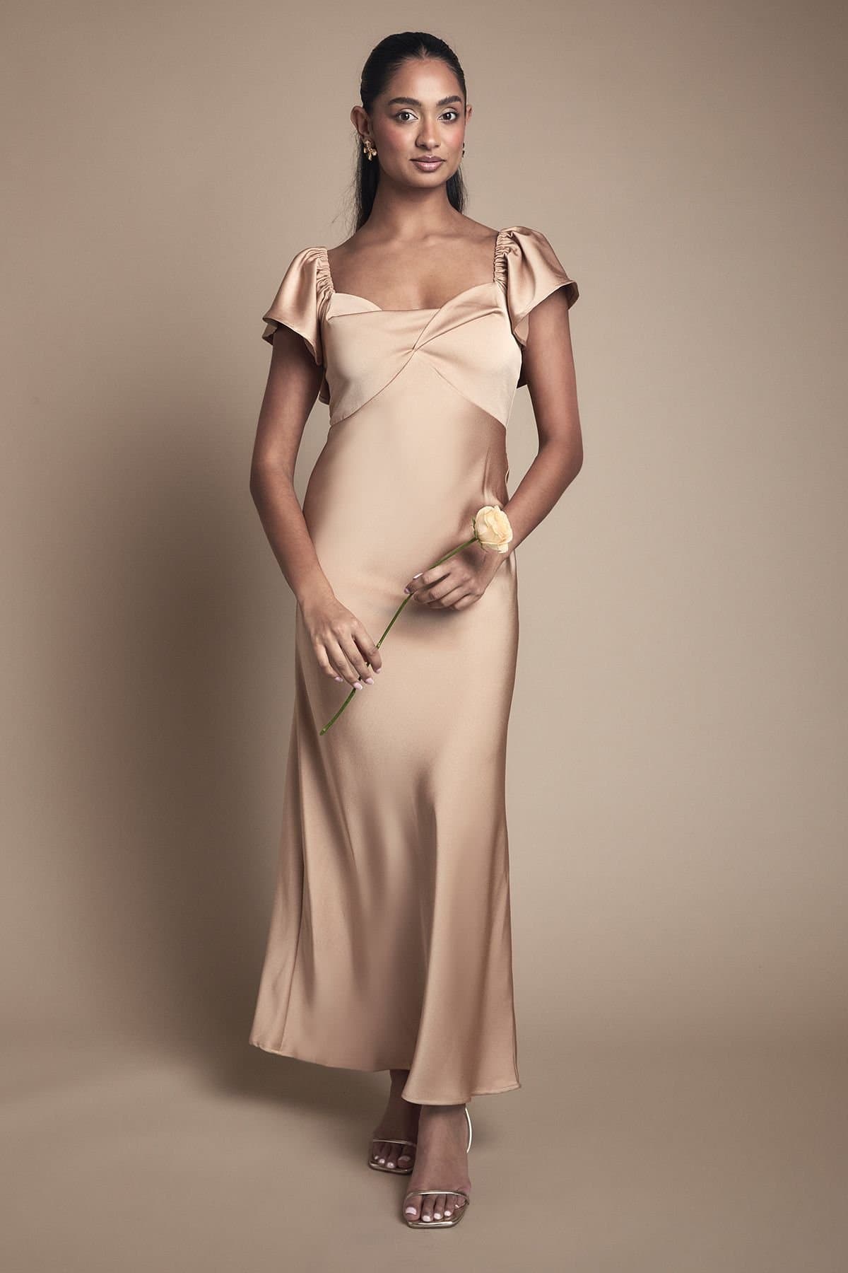 Oasis Oasis Women's Twist Front Angel Sleeve Bridesmaid Dress in Biscuit