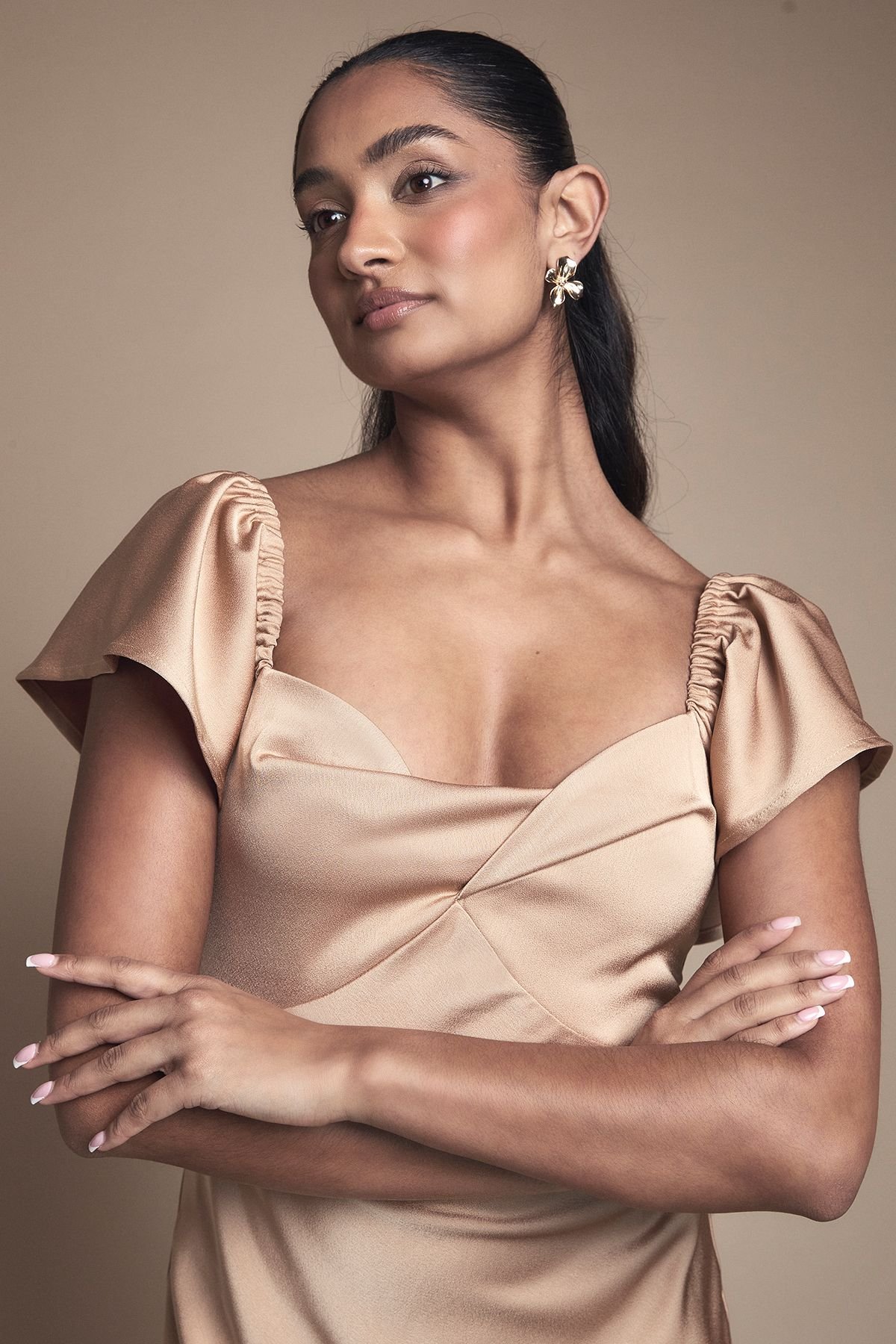 Oasis Oasis Women's Twist Front Angel Sleeve Bridesmaid Dress in Biscuit - 4