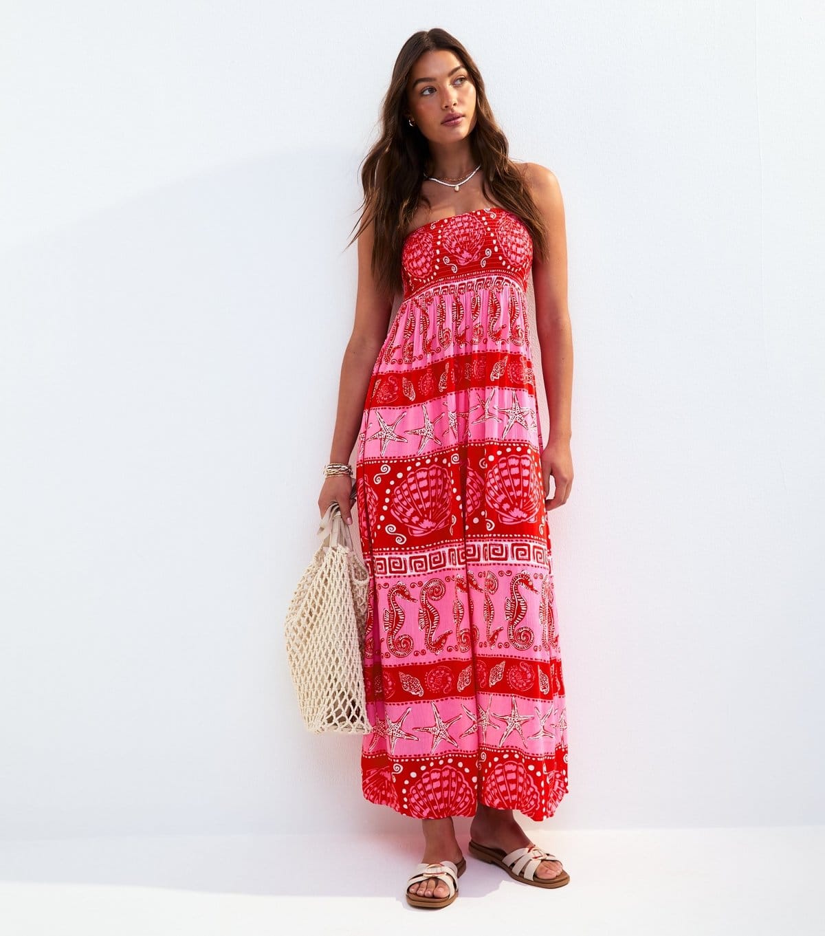 New Look Pink Striped Shell Print Bandeau Maxi Dress