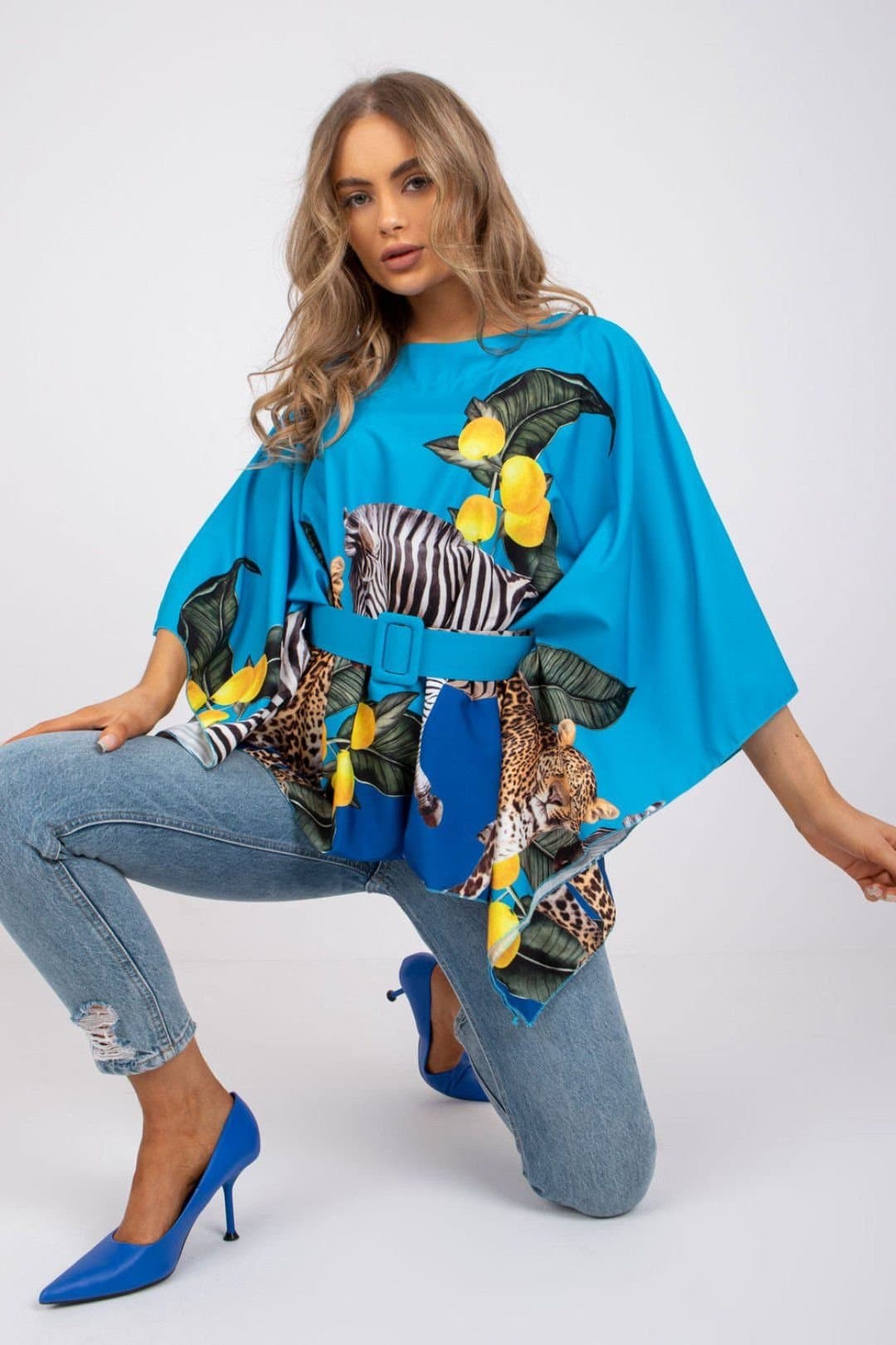 Love Lace Love Lace Blue Patterned Loose Blouse with Belt