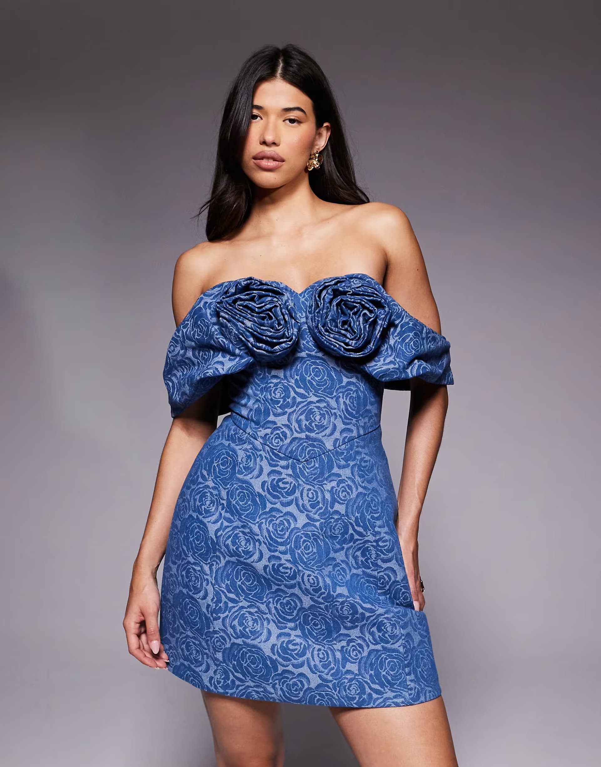 ASOS ASOS LUXE bandeau corsage off the shoulder dress in floral denim