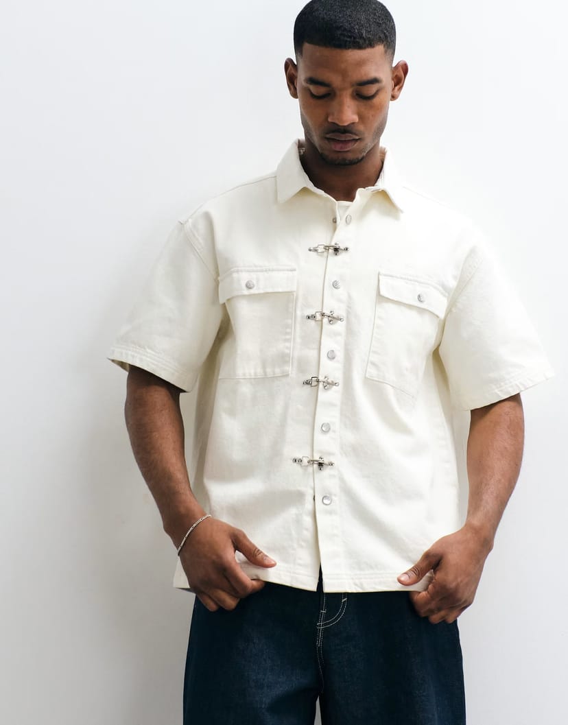 ASOS Liquor N Poker fireman clasp detail denim shirt in ecru - 1