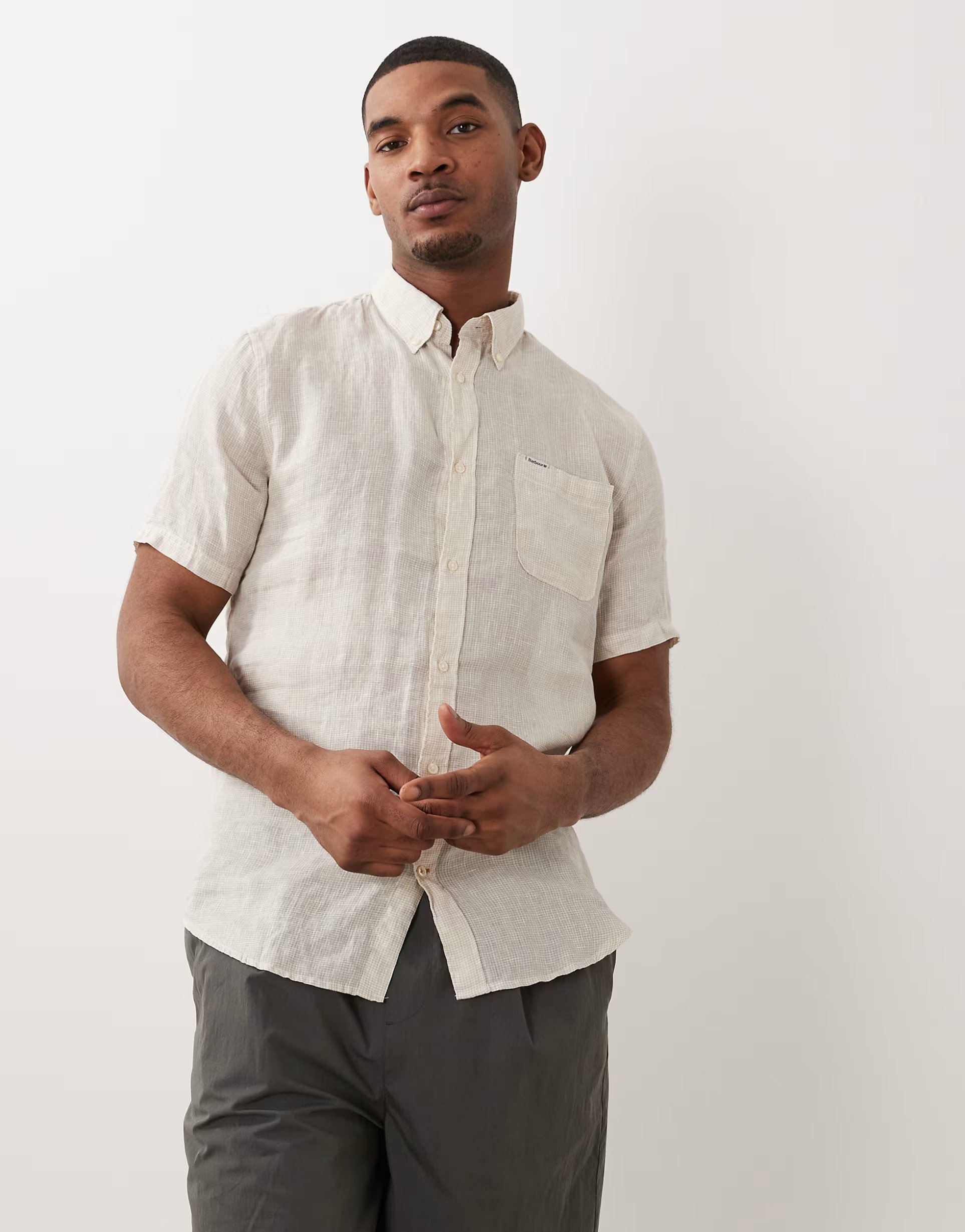 ASOS Barbour Linton short sleeve linen tailored logo shirt in beige - 1