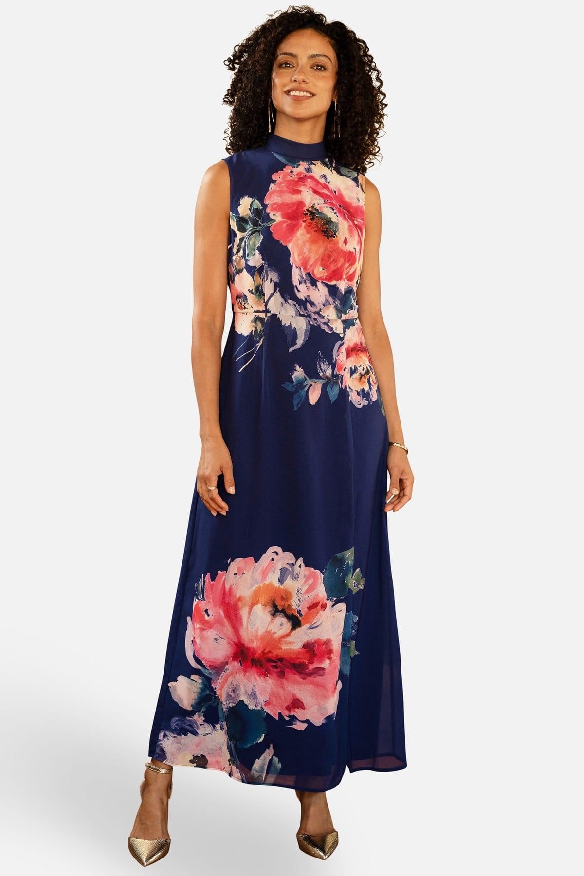 Yumi Mid Navy Floral Halter Neck Maxi Dress
