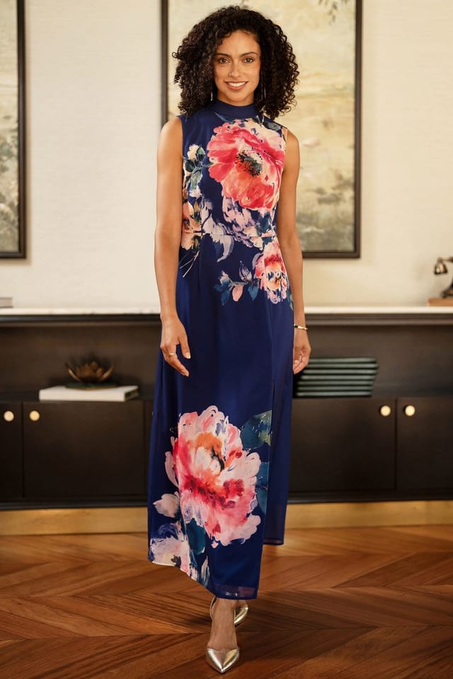 Yumi Yumi Women's Flower Halter Neck Maxi Dress in Mid Navy - 3
