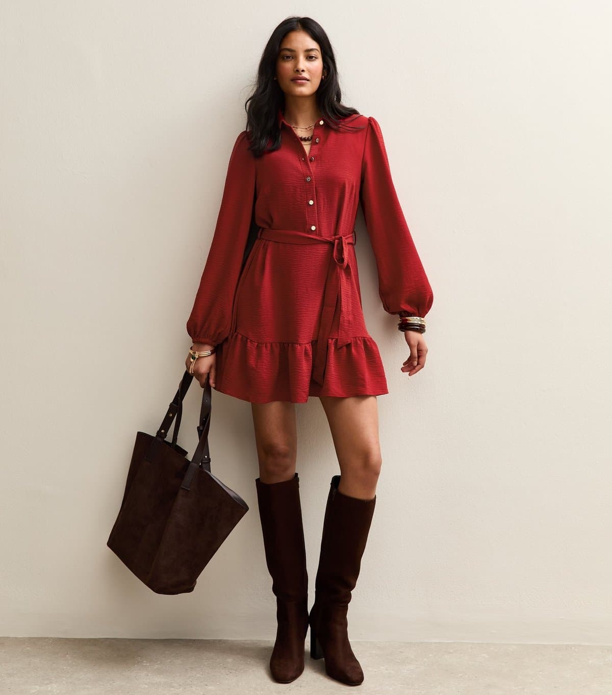 New Look Women's Red Belted Long Sleeve Mini Dress New Look