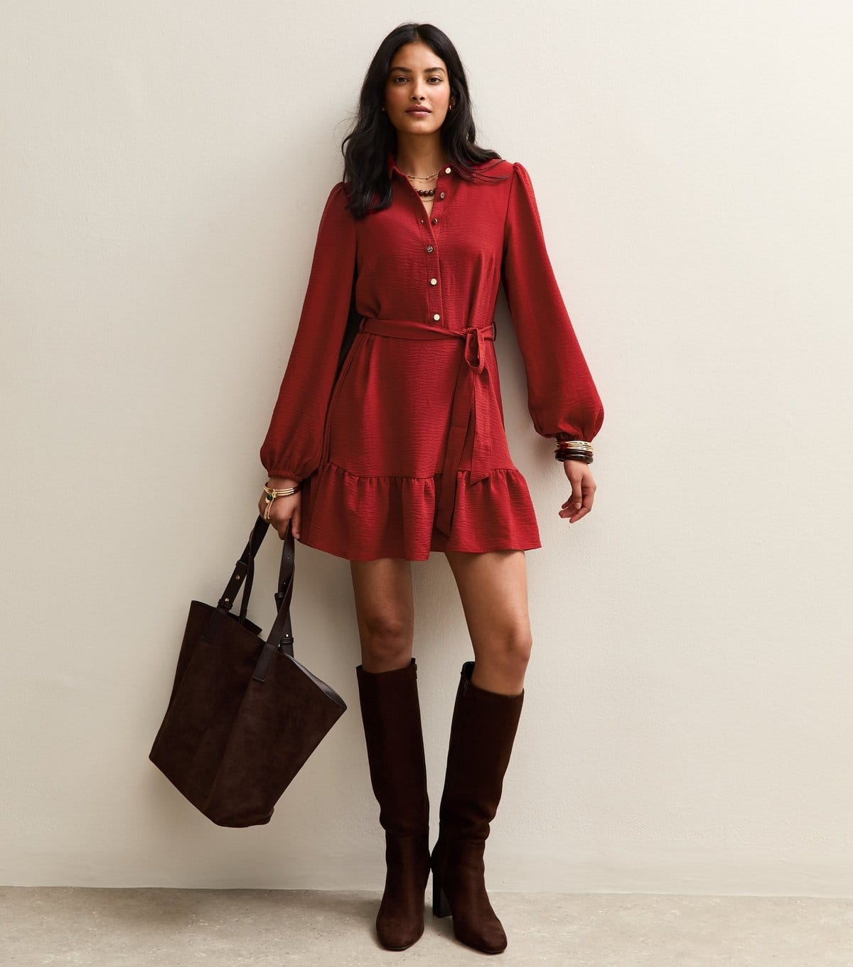 New Look Red Belted Long Sleeve Mini Dress