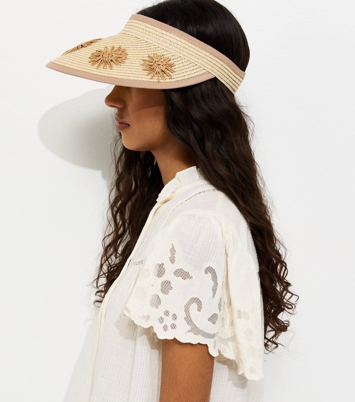 New Look Stone Straw Embroidered Flower Visor New Look - 1