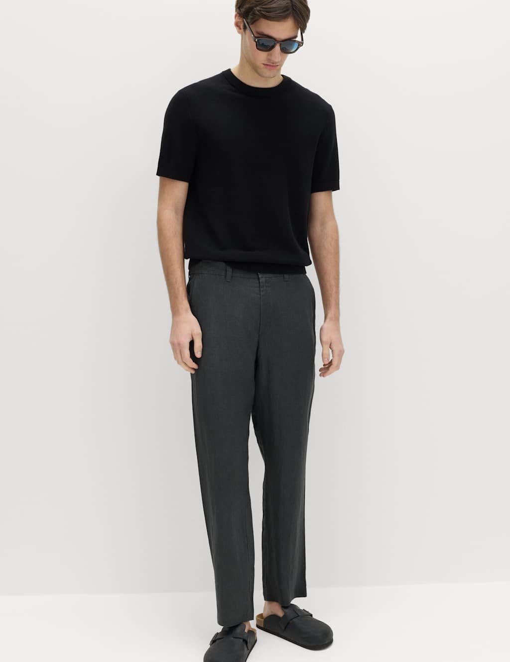 Marks & Spencer M&S Pure Linen Half- Elasticated Waist Trousers Dark Pewter - 1