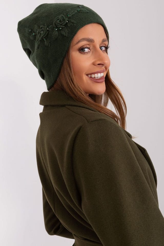 Love Lace Love Lace Women's Warm Winter Soft Smooth Knit Cap With Side Applique Detail Cuff in Green - 2