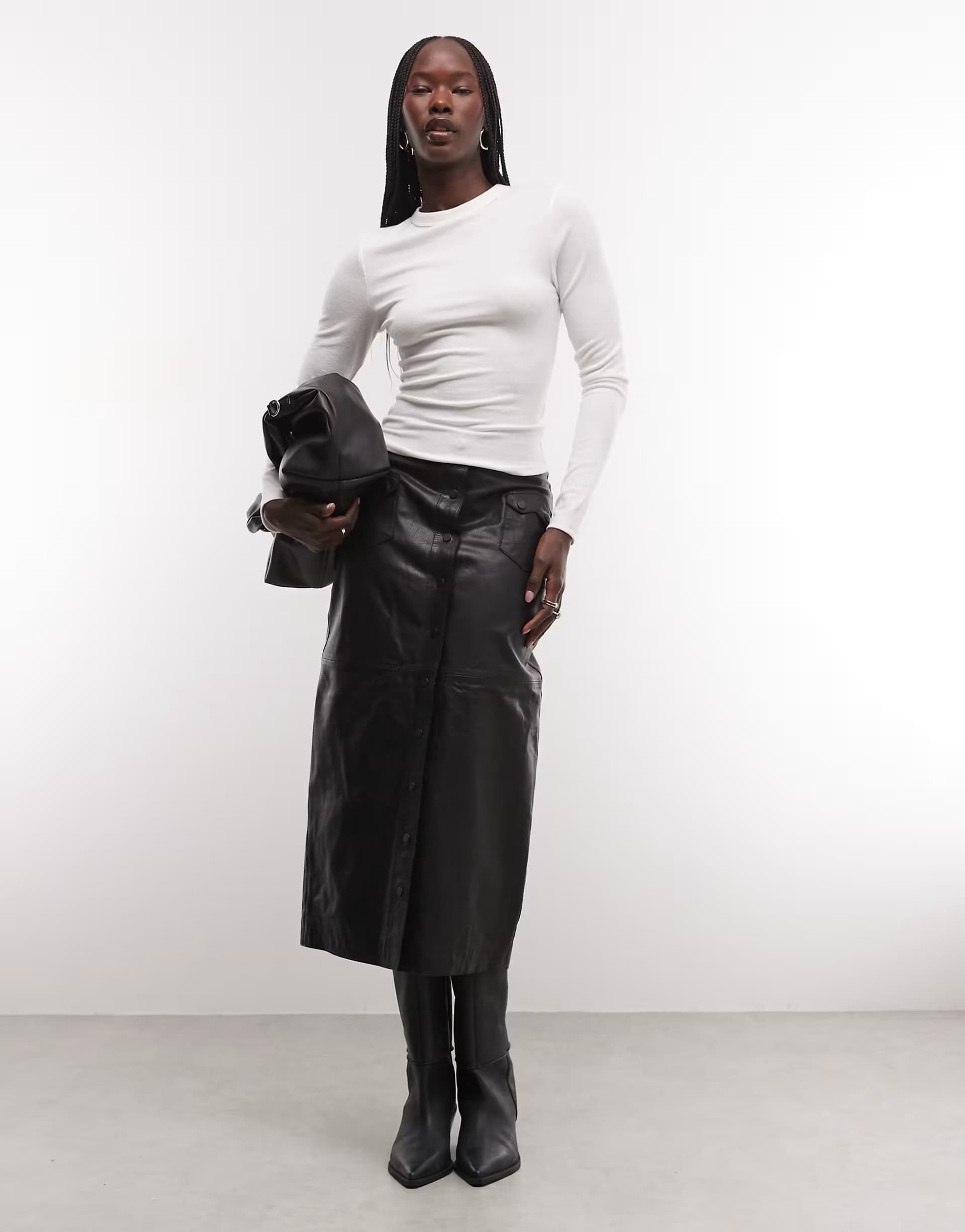 ASOS AllSaints Rock button through leather midi skirt in black