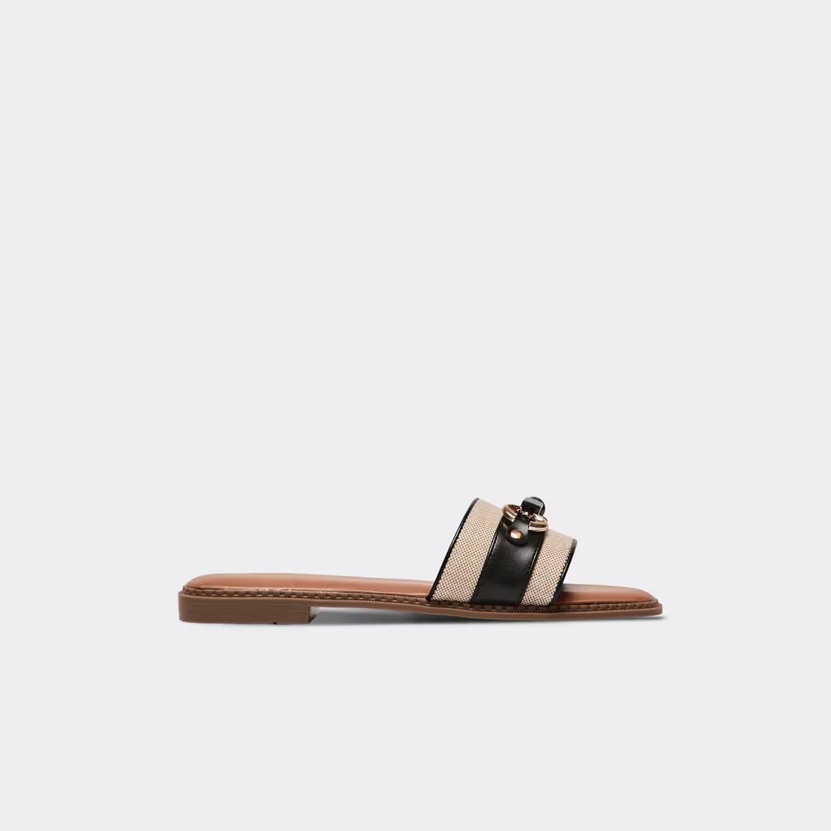 EGO Kyly Lock Detail Woven Strap Flat Slider Sandal In Black Faux Leather, Women's Size UK 3