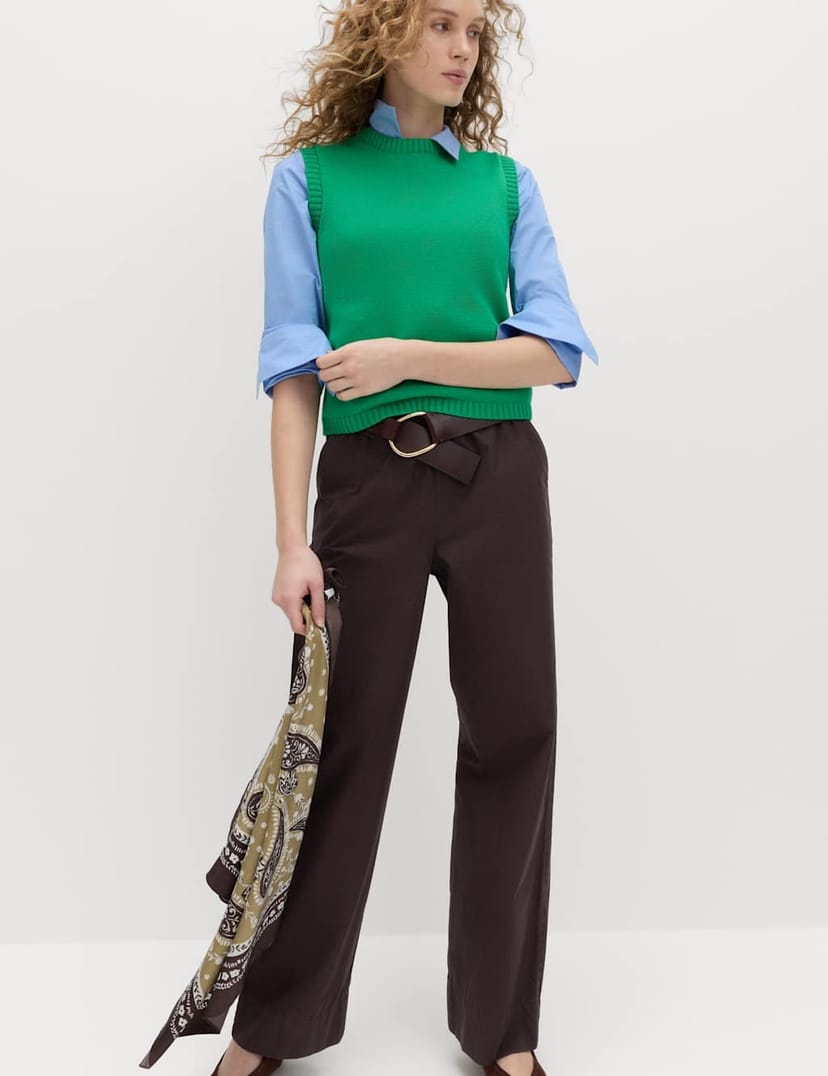 Marks & Spencer M&S Pure Cotton Poplin Pull On Straight Leg Trousers Chocolate - 1