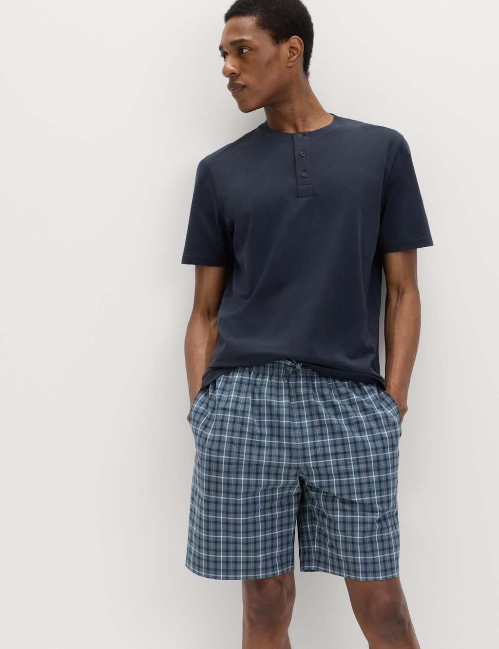 Marks & Spencer M&S Pure Cotton Henley Checked Pyjama Set Navy Mix - 1