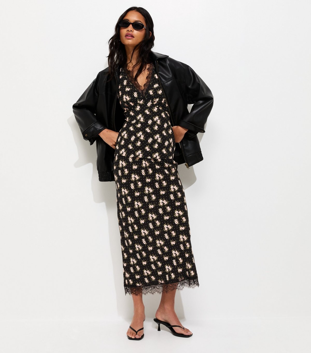 New Look Women's Black Ditsy Floral Lace Trim Midi Tea Dress New Look - 4