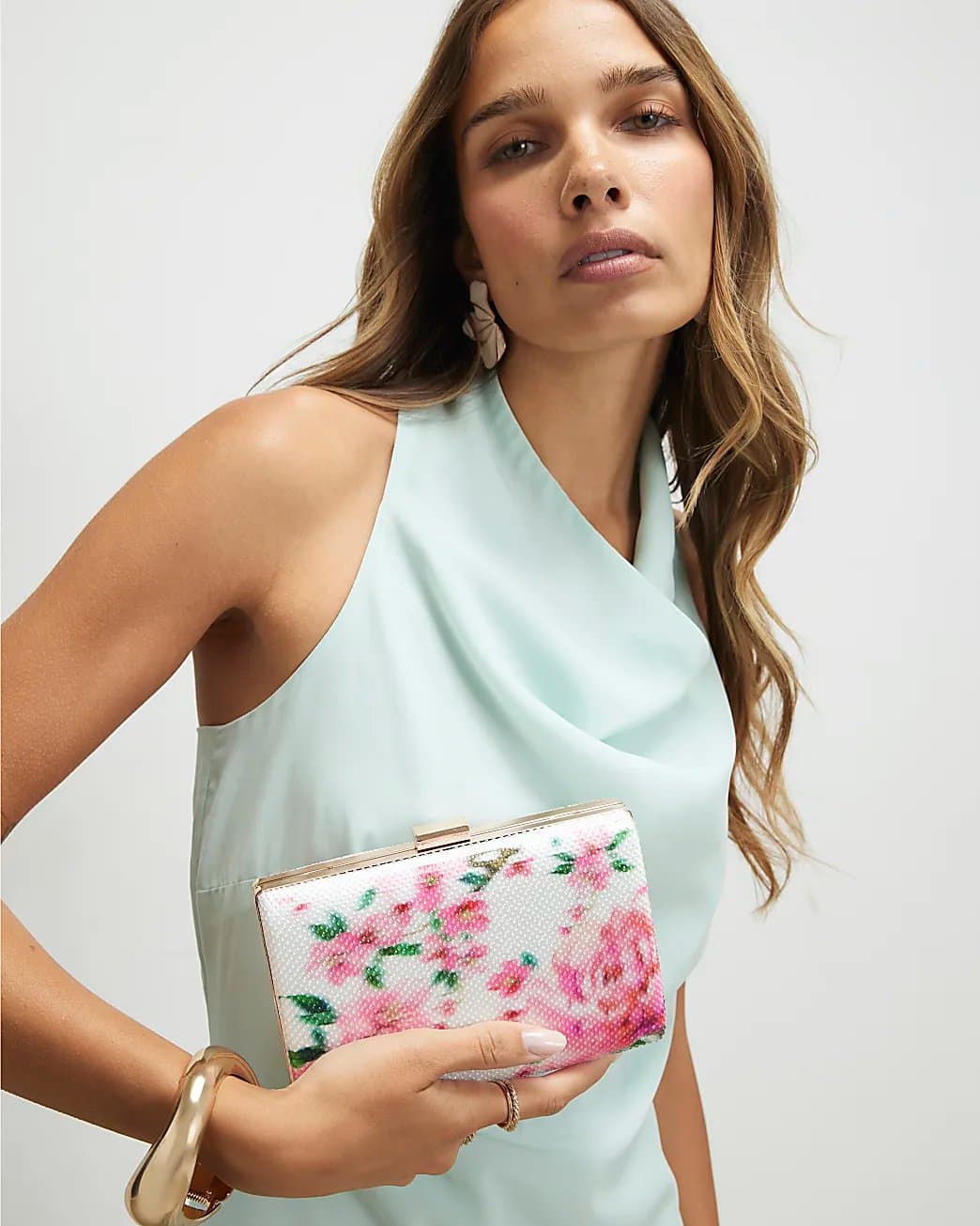 River Island River Island Womens White Floral Hard Shell Clutch Bag