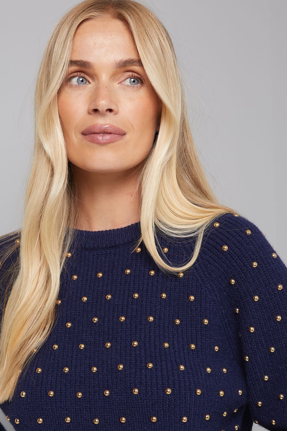 Wallis Wallis Women's Petite Stud Knitted Jumper in Navy - 3