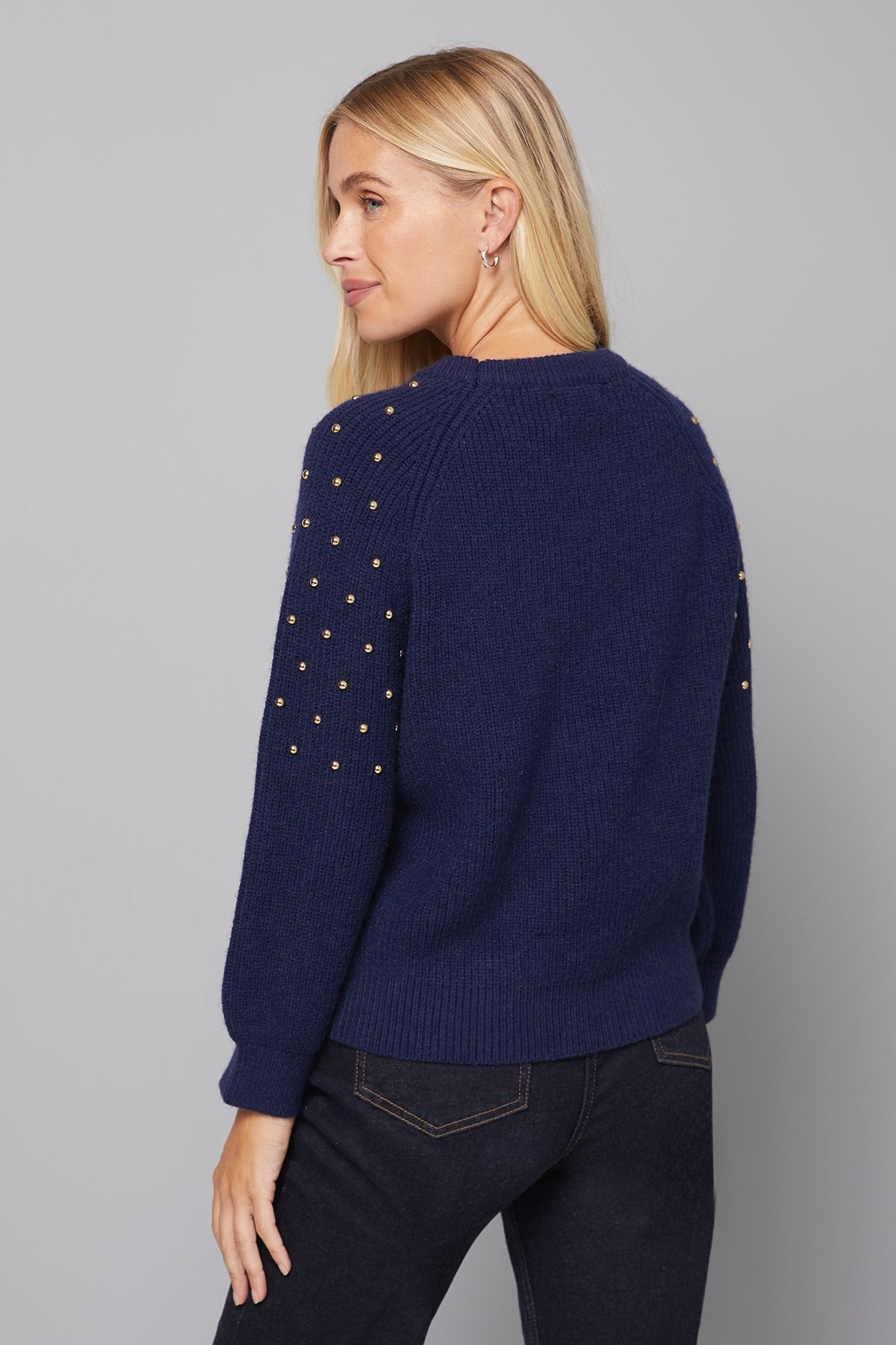 Wallis Wallis Women's Petite Stud Knitted Jumper in Navy - 4