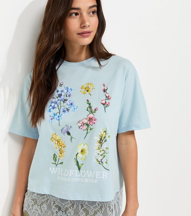 New Look Women's Light Blue Cotton Wildflower Lace Hem Boxy T-Shirt New Look - 2