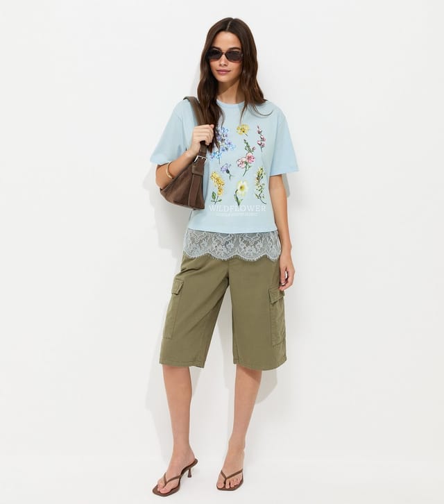 New Look Women's Light Blue Cotton Wildflower Lace Hem Boxy T-Shirt New Look - 3