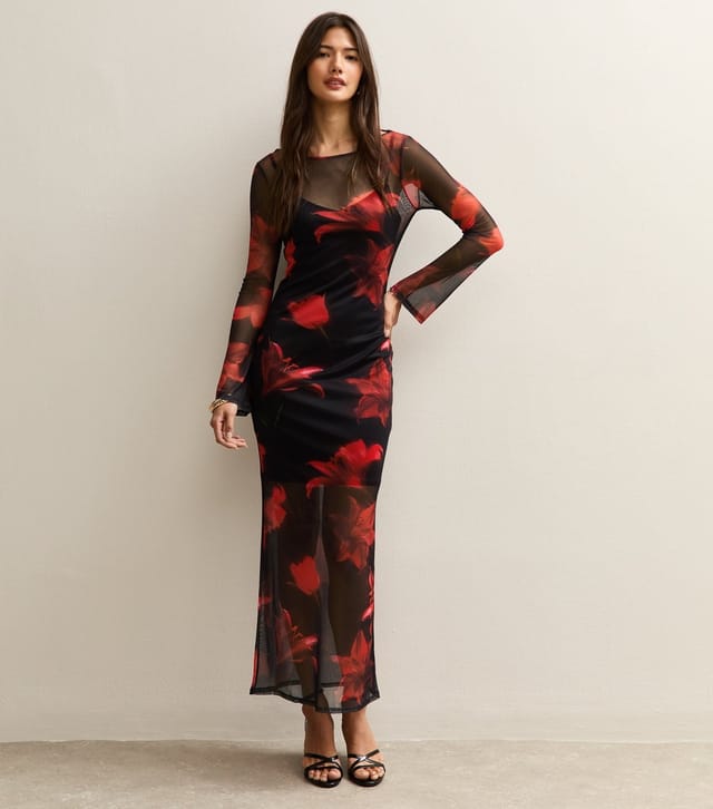 New Look Women's Black Floral Mesh Cowl Back Midi Dress New Look - 2