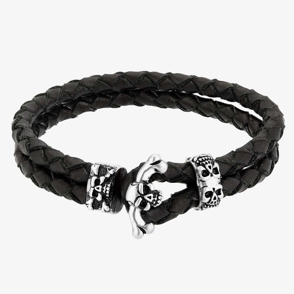 Bourne and Wilde Bourne and Wilde Men's Double Black Leather Skull Bracelet UR15-05