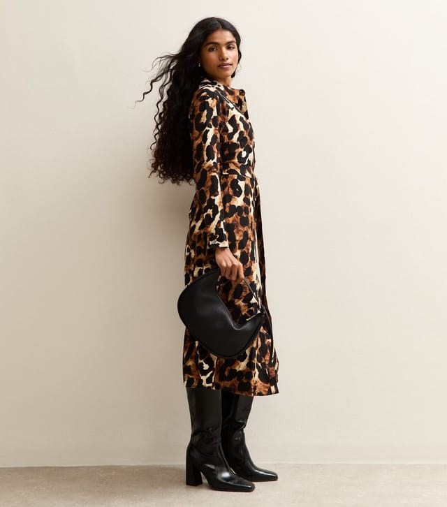 New Look Women's Petite Brown Animal Print Belted Shirt Midi Dress New Look - 3