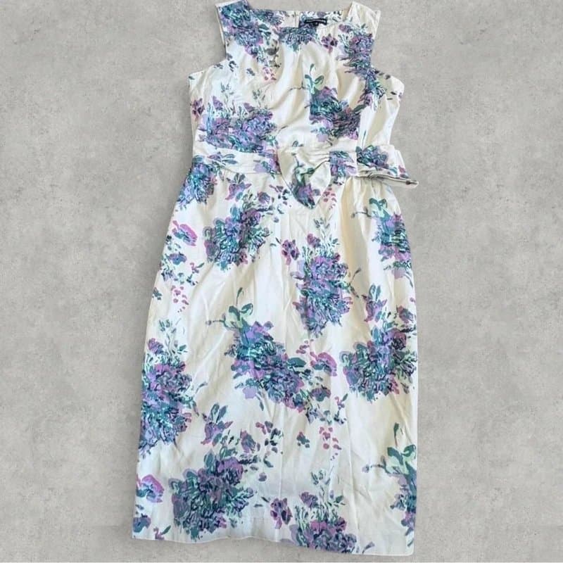 Warehouse Warehouse Floral Midi Dress with Waist Bow – Size 12 – Purple & Sage Green