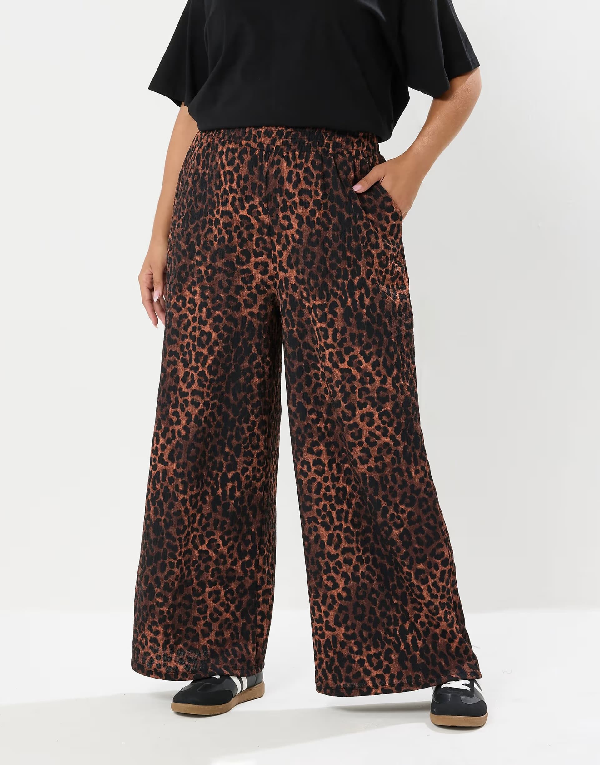 ASOS Yours Clothing Leopard print wide leg trousers in brown