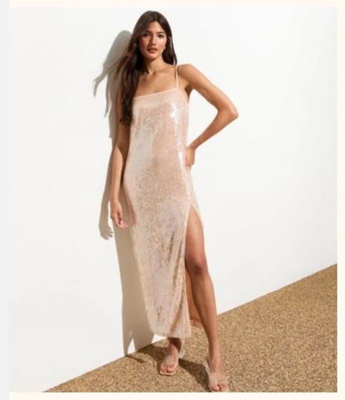 New Look New Look Nude / Beige sequin embellished maxi / midi dress - Holiday / beach club dress