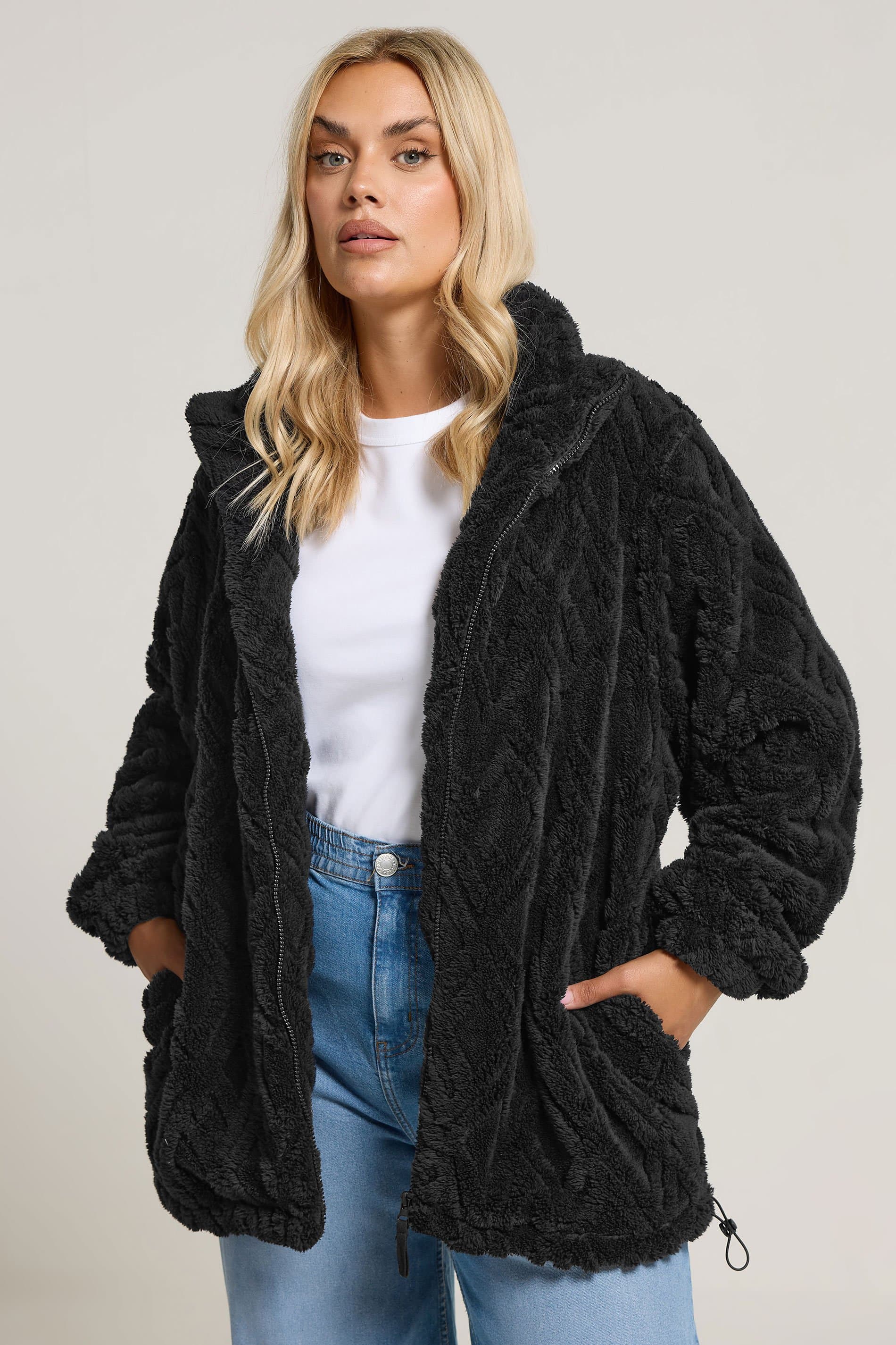 Yours Plus Size Black Textured Fleece Jacket